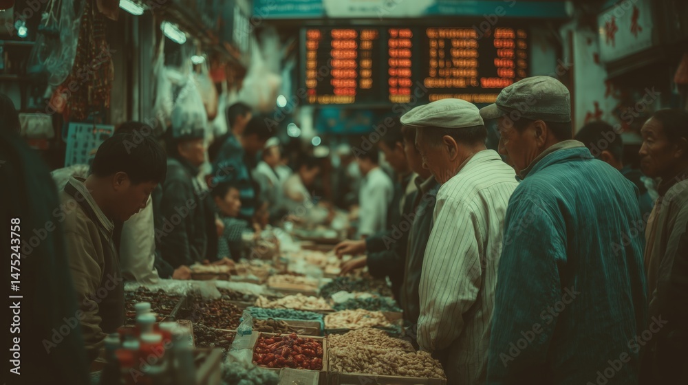 Obraz premium Crowded local market scene with people buying and selling goods under glowing price display board ideal for economics visuals, cultural trade concepts and human-centered commerce topics