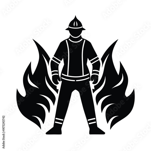 Silhouette of a courageous firefighter standing tall amidst flames depicting bravery and heroism in action