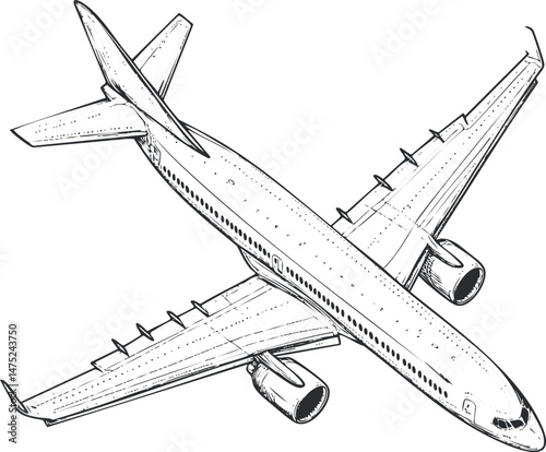 Black and white sketch illustration of a commercial airplane flying with detailed wings and engines visible