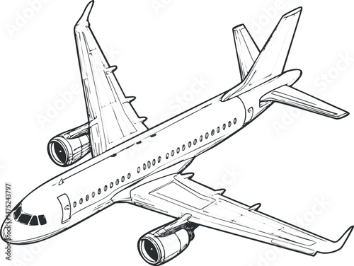 Black and white line drawing of a commercial airplane in flight showing wings, engines, and tail design