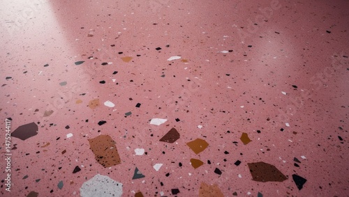 Trendy Pink Terrazzo appearance. Polished concrete wall and floor pattern. Colored marble and granite stone, material for embellishment.