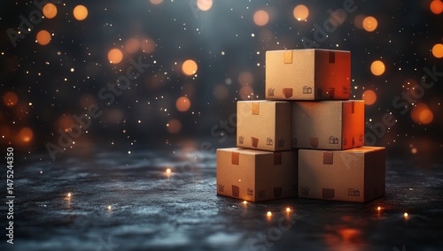 Stack of cardboard boxes with blurred light backdrop
