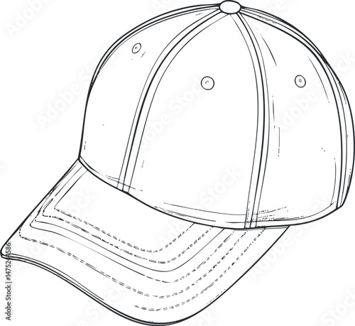 Black and white sketch illustration of a baseball cap with detailed stitching and panels
