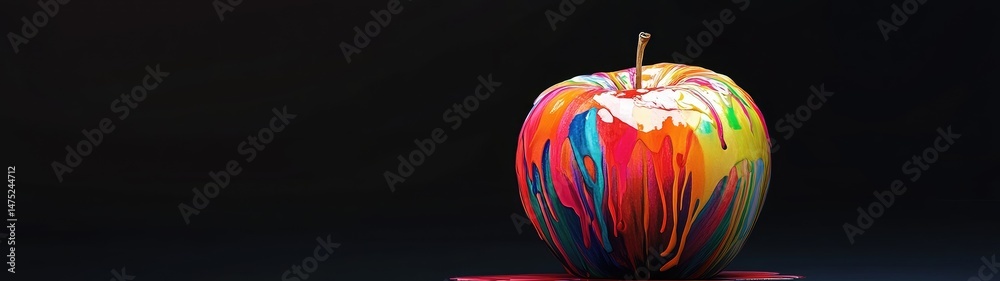 Obraz premium A colorful, paint-splattered apple on a dark background.