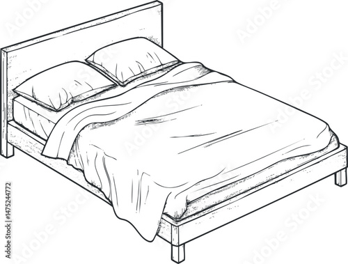 Black and white line drawing of a neatly made bed with pillows and blanket on a bed frame with headboard