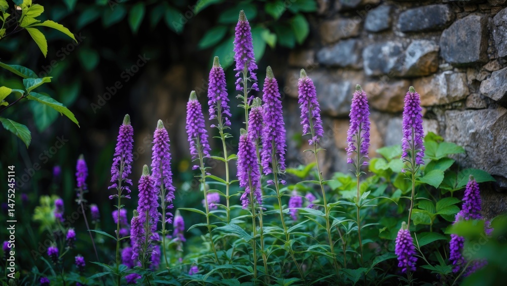 Obraz premium Agastache foeniculum, also called anise hyssop, a medicinal herb with colorful flowering heads growing outdoors near a stone wall.