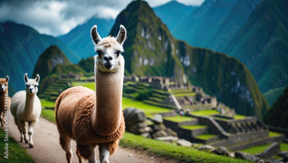 Obraz premium Llama positioned in the ruins at the core of the mountains.