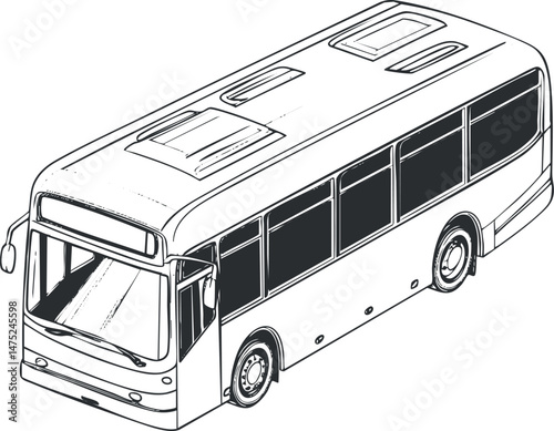 Isometric line drawing of a public transport bus showing side and front views with windows and wheels.