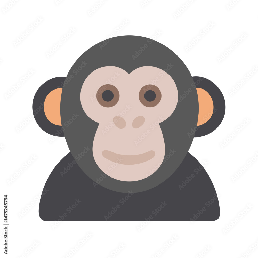 Chimpanzee Flat Graphic Cartoon Animal Icon Against Black Background