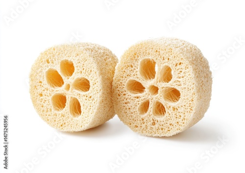 Two pale yellow, naturally-dried, flower-patterned loofahs