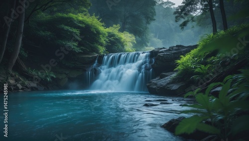 The briskly flowing Waterfall located in the forest, where water tumbles over a rocky cliff into a deep azure pool.