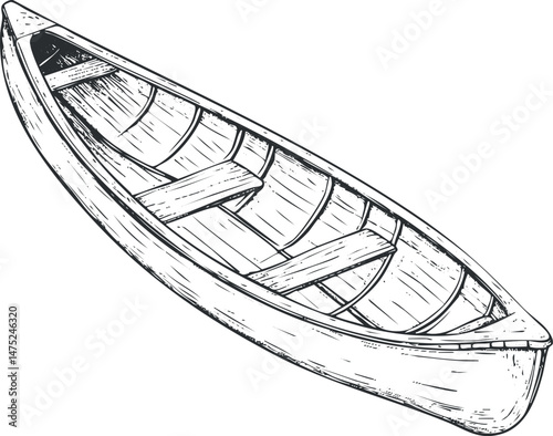 Hand drawn black and white sketch of a wooden canoe boat used for outdoor water recreation and travel