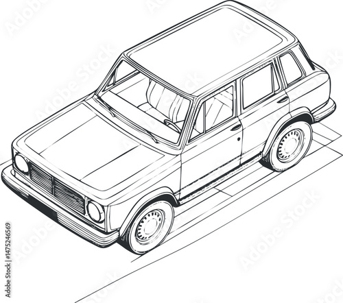 Black and white line art illustration of a classic sedan car viewed from an elevated angle showing details of the body and wheels.
