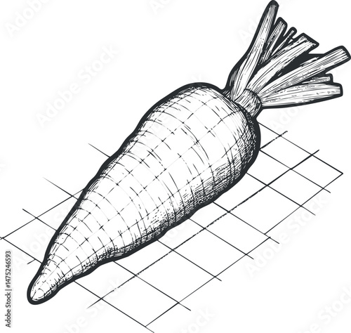 Hand drawn sketch of a carrot vegetable on a grid background illustrating root vegetable and healthy food concept