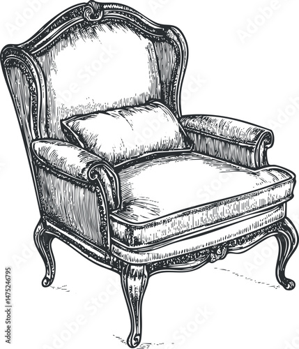 Detailed black and white vintage armchair with ornate wooden frame and cushioned seat for comfortable seating