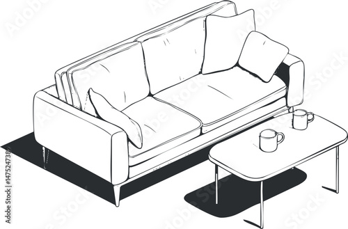 Black and white line drawing of a modern sofa with cushions and a coffee table holding two mugs in a living room setting.