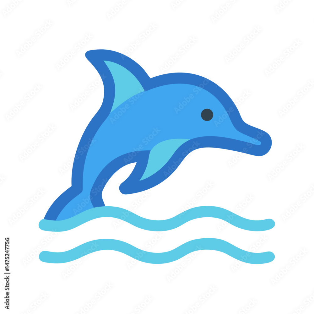 Stylized cartoon dolphin jumping from the waves illustration