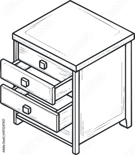 Black and white line drawing of a wooden side table with two open drawers and square handles