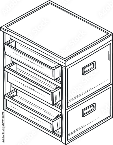 Black and white line art illustration of a wooden drawer cabinet with multiple compartments for storage