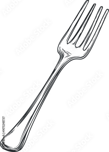 Black and white line art illustration of a classic metal dining fork with four prongs isolated on white background