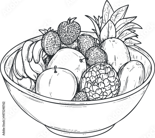Line art illustration of a bowl filled with various fresh fruits including pineapple, bananas, strawberries, and apples