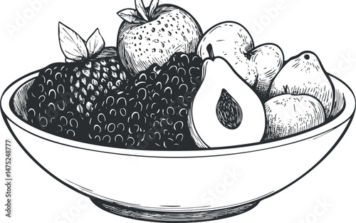 Black and white sketch of a bowl filled with fresh assorted fruits including strawberries, apple, pear, and blackberries.