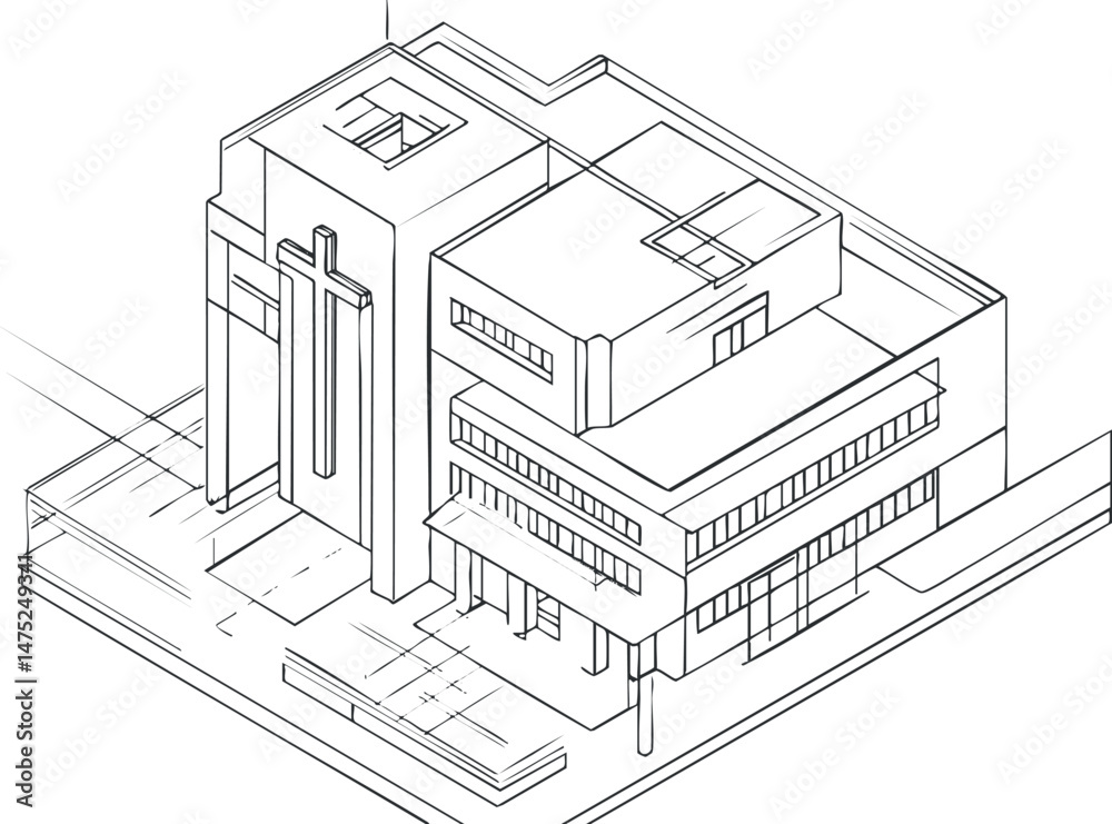 Fototapeta premium Isometric line drawing of a modern church building with a cross on the facade, architectural sketch