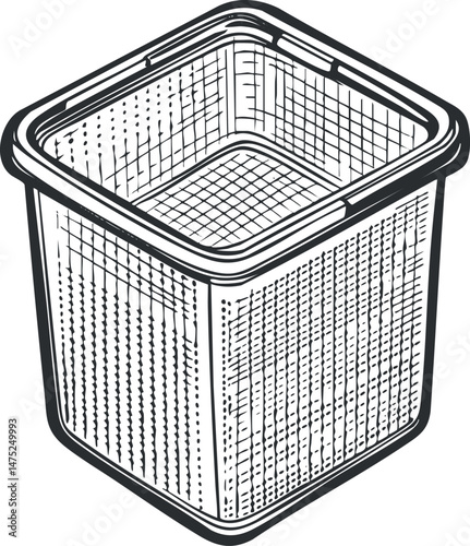Black and white line art illustration of an empty square plastic storage basket with mesh sides and handles