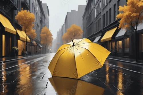 Yellow and Black Umbrella on Rainy City Street in Autumn