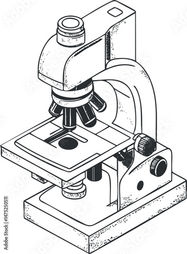Black and white illustration of a laboratory microscope used for scientific research and biological study.
