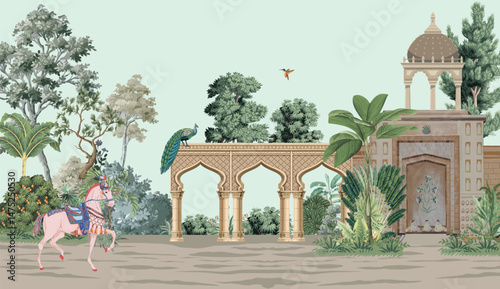 Indian Palace Wallpaper, Mughal Garden Illustration, Indian Palace, Mughal Mural, Indian Wedding Background.