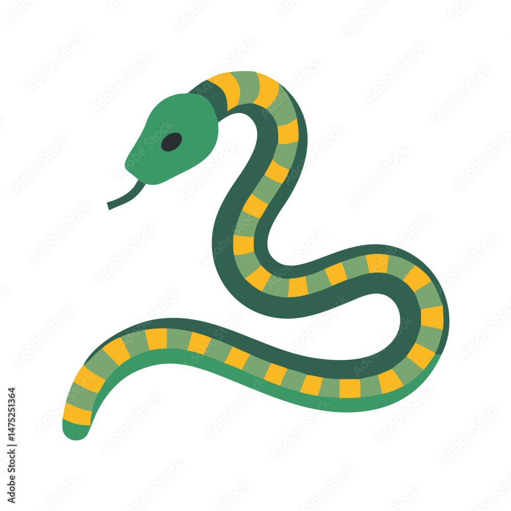 Fototapeta premium Green striped snake illustration on black background, isolated