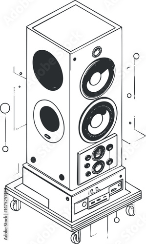 Isometric black and white line art illustration of a speaker and amplifier unit on a wheeled cart for audio systems.