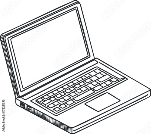 Black and white line drawing of an open laptop computer showing keyboard and screen