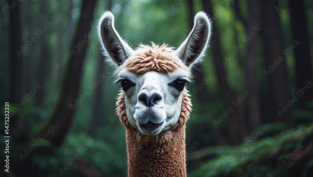 Obraz premium Funny and adorable alpaca face with fluffy fur and cheerful expression in nature