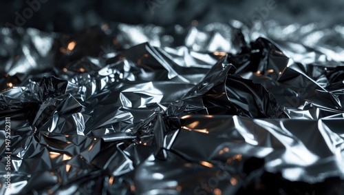 Intimate shot of bunched aluminum foil with a gleaming metallic finish and detailed patterns. Crushed textures. Dark abstract backgrounds.