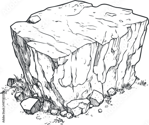 Black and white illustration of a large irregular rock boulder with rough texture and cracks