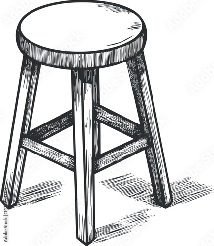Hand drawn black and white illustration of a simple wooden stool with four legs and round seat