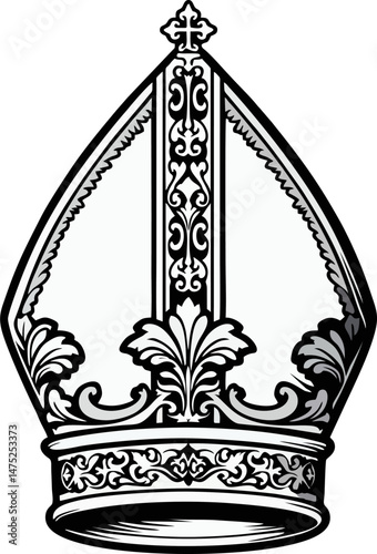 Elegant Black and White Vector Illustration of Ornate Papal Mitre with Cross and Baroque Ornamentation – Catholic Bishop Hat Design