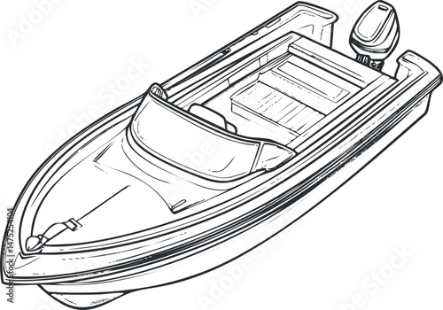 Black and white line drawing of a motorboat with outboard engine and open cockpit for water recreation