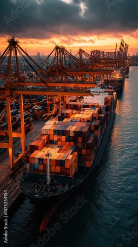 Cargo ship docked at port under dramatic sunset sky surrounded by industrial cranes and containers perfect for global logistics, export economy topics and shipping infrastructure visuals