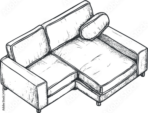 Hand drawn sketch of a modern corner sofa with cushions and armrests for living room seating