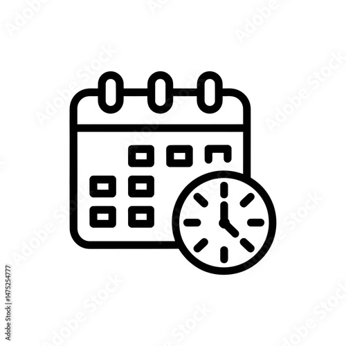 A simple black  icon features a calendar and a clock, representing the concept of scheduling or time management