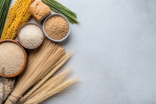 Variety of grains and pasta displayed on a neutral background, showcasing diverse culinary ingredients