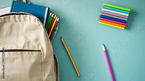 Back to school supplies backpack notebook pencils education student learning study canvas bag flatlay 4k video