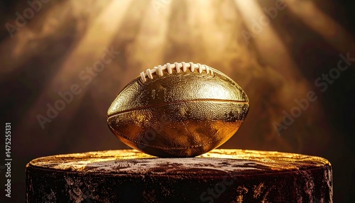 Golden football trophy illuminated by dramatic light on velvet podium