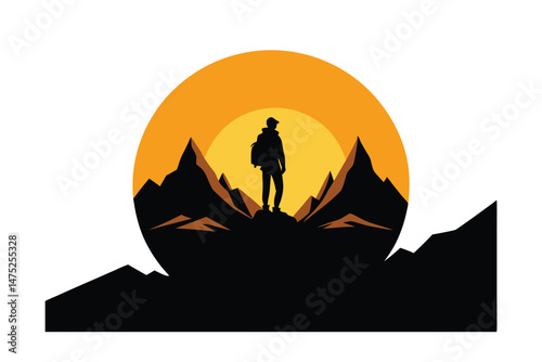 Silhouette Of A Lone Traveler On A Mountain At Sunset