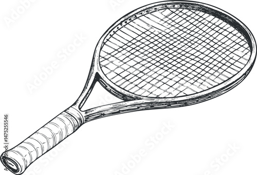 Hand-drawn vintage style tennis racket illustration with detailed strings and grip handle