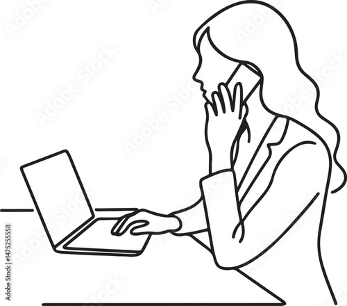 woman working on phone and laptop line art vector illustration