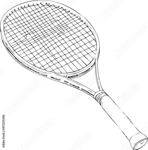 Black and white line drawing of a tennis racket used for playing the sport of tennis